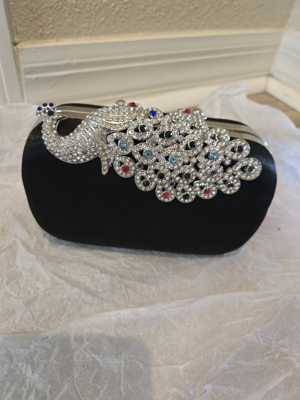 Black Peacock-Embellished Evening Clutch